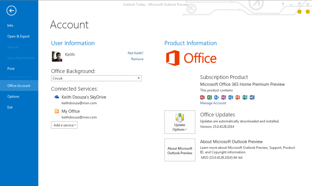 Outlook 2013 Account Home